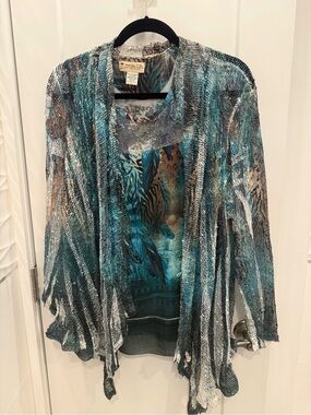 Open-Weave Teal & Gray Draped Women's Cardigan 2 piece set with matching tank